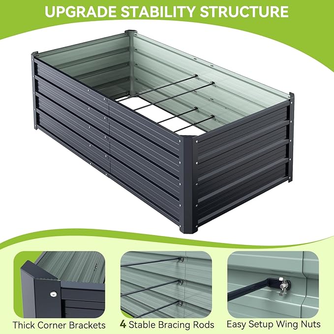 Ohuhu 6x3x1.5FT Metal Raised Garden Bed Outdoor Reinforced Galvanized Steel Rustproof Planter Box 100% Non-Toxic 202 Gal Large Capacity Heavy Duty Raised Beds for Growing Vegetables Flowers Herbs