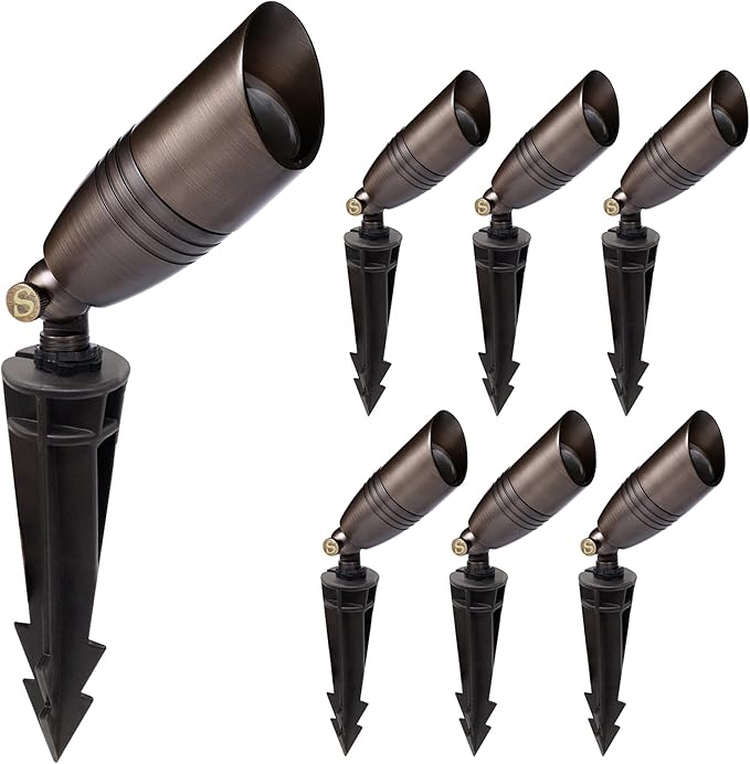 Solid Brass Low Voltage Landscape Spotlight Directional Spot Up Light in Antique Brass Finish with Ground Spike and Waterproof Grease Cap Wire Connectors (6 Set)