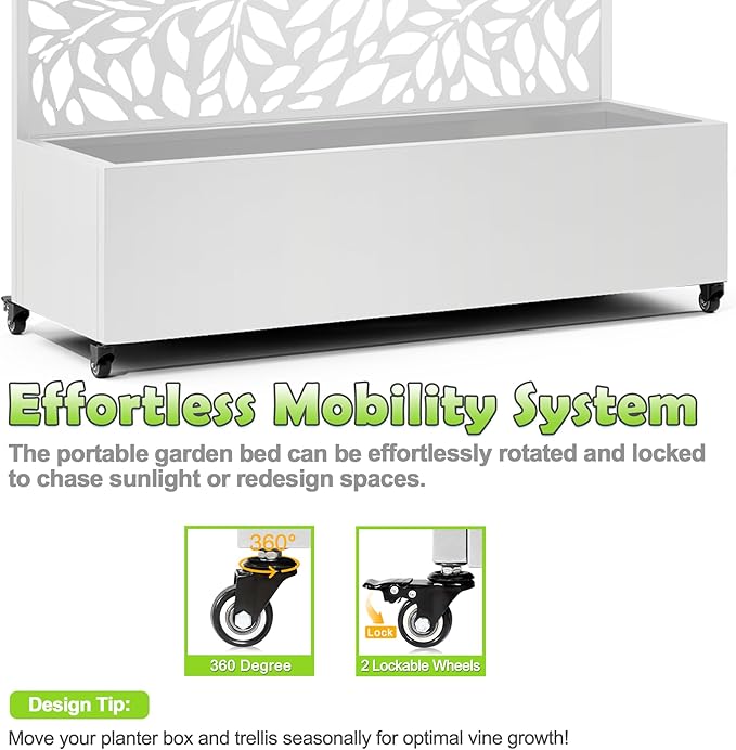 15.7×70.9×47.2 Metal Raised Garden Bed with Trellis and Wheels - Tall Trellis Planter Box for Climbing Plants Vegetables &amp Vines - Outdoor Privacy Planters for Patio (White)