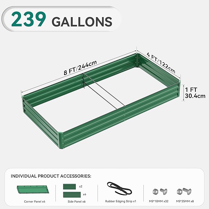 YITAHOME 96x48x12 in 2pcs Galvanized Raised Garden Bed Kit Large Metal Planter Box with Gloves Safety Rubber &amp Support Rod Outdoor Flower Bed for Plants Vegetables Green