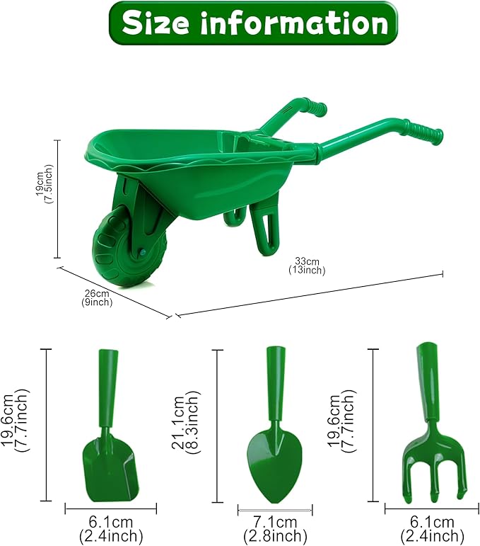 Duckura Kids Wheelbarrow Set - Gardening Tools for Kids with Shovel Rake Trowel Outdoor Yard Lawn Digging Weed Toys Easter Birthday Gifts for Boys Girls Age 2 3+Years Old(Green B)