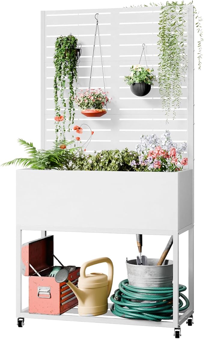 Metal Planter Box with Trellis67 H x35 W Raised Garden Beds with Privacy Screen for Climbing Plants Flower Elevated Standing Planter Garden Bed with Drainage Holes for Outdoor PatioWhite