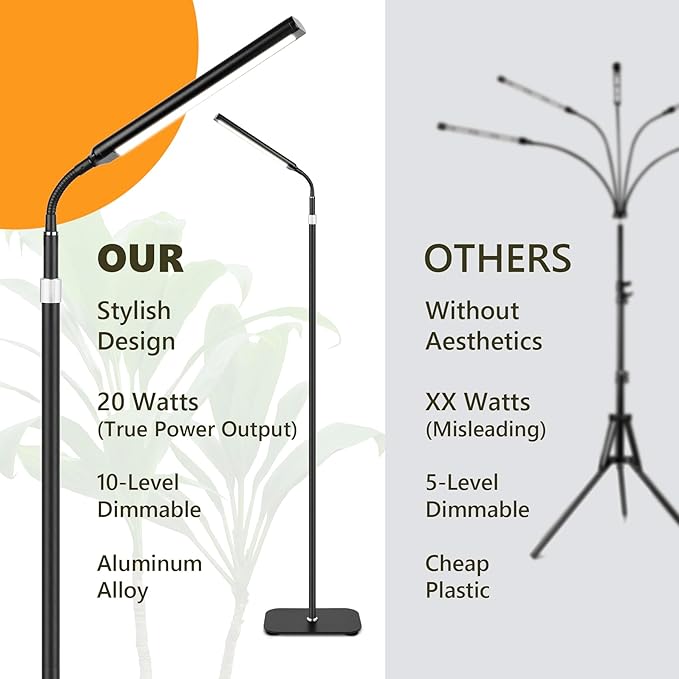 Grow Lights for Indoor Plants Full Spectrum with High Aluminum Stand31.5-63in Height AdjustablecAuto Timer Flexible Gooseneck10-Level Dimmable Floor Lamp for Small Tall Large Plant Growth