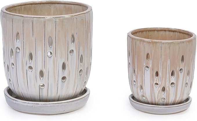 Handmade Ceramic Planter Set of 2 8 6 Diameter Beige with Vertical Stripes Oval Holes for Orchids Herbs IndoorOutdoor Shelf Table Use Breathable Clay