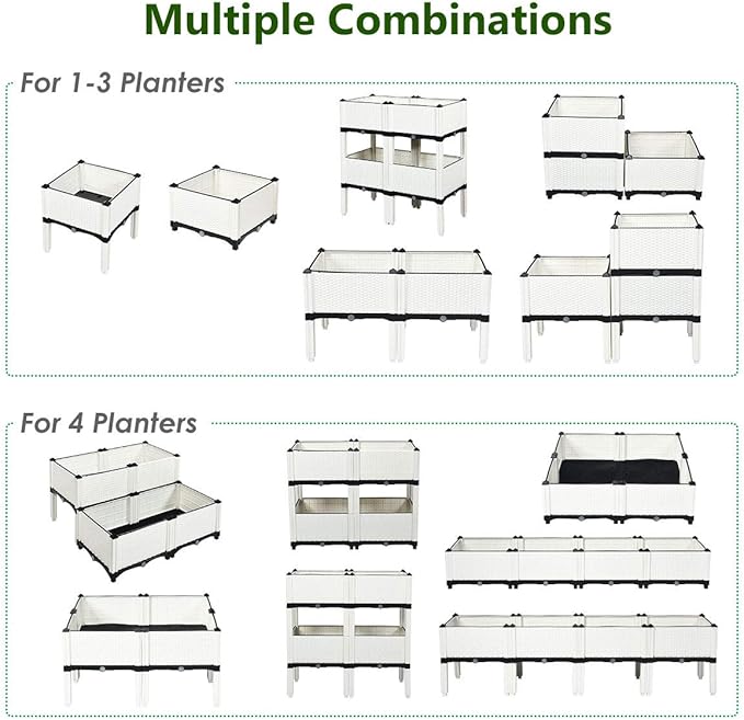 Giantex Raised Garden Bed Set of 4 Planter Raised Beds Kits with Drain Holes for Fruit Flowers Vegetables Outdoor Elevated Planting Box for Lawn Patio Balcony Easy Assembly Rattan-Like Look White