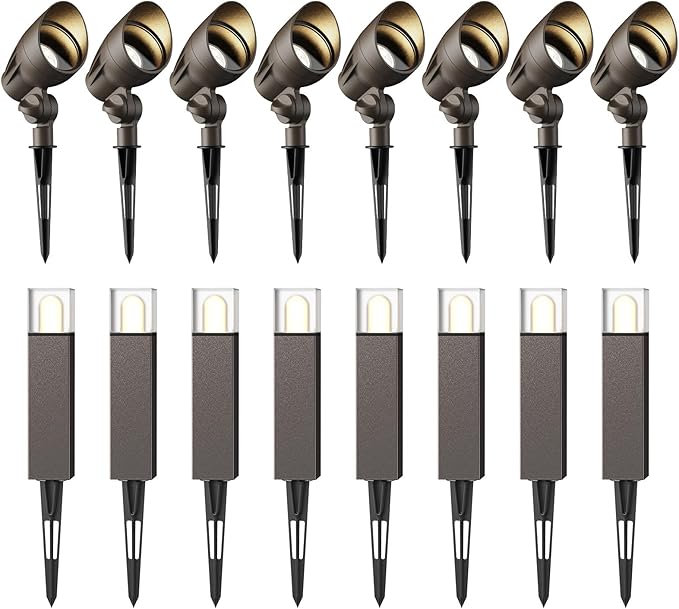 GOODSMANN Low Voltage Landscape Lights Path Lights 8PK 2W 100 Lumen with 8PK 3W 200 Lumens Spotlight Outdoor with Metal Stake Cable Connector