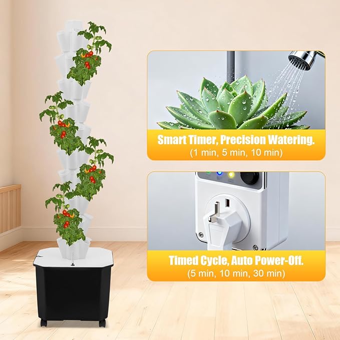 Hydroponic Growing System Kit Aeroponic Tower 50 Hole Garden Vertical Vegetable Planting System with Pump&ampTimer and Mobile 11.89Gal Water Tank (White)