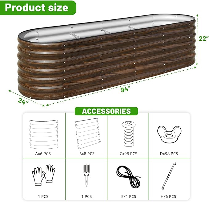 SnugNiture 8x2x2ft Raised Garden Bed Kit 24 Tall Outdoor Metal Raised Planter Box for Planting Plants Vegetables Flowers Fruits Brown