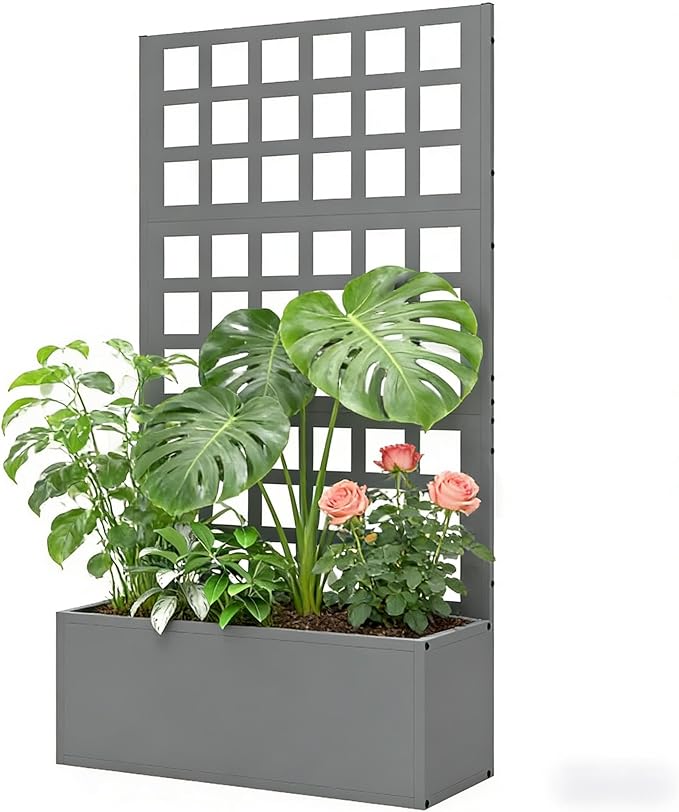 Galvanized Steel Raised Garden Bed with Trellis - Heavy-Duty Metal Planter Box for Vegetables &amp Climbing Plants Weather-Resistant Outdoor Vertical Garden Kit (Gray)
