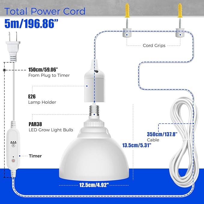 Barrina Hanging Grow Lights for Indoor Plants 25W Full Spectrum with Timer and 16.4FT Power Cord Pendant Plant Lights for Indoor Growing Large Tall Plant Garden Flowers Greenhouse