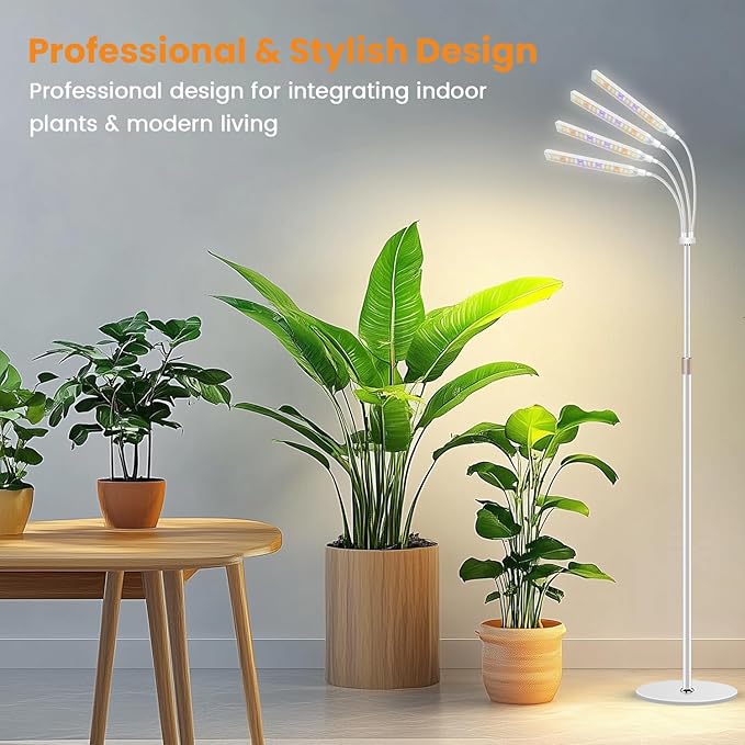 Grow Lights for Indoor Plants 4-Head Full Specturm Plant Grow Light with 4/8/12/16H Timer 3 Color Modes 5 Brightness 24-68.7in Height Adjustable Floor Growing Lamp for Tall Large Plants