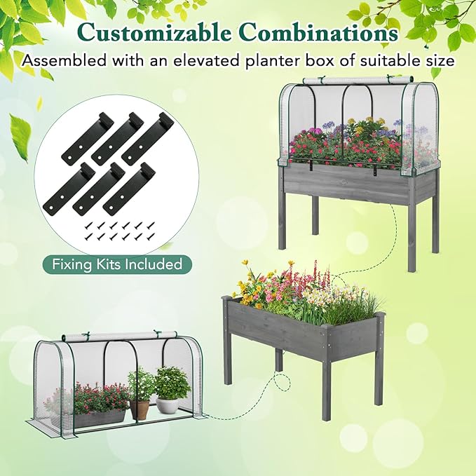 Raised Garden Bed with Greenhouse Waterproof Sun-Protective Green House with Roll-Up Door &amp Electroplated Metal Frame Pine Wood Elevated Planter Box with Drainage Holes(White+Gray)