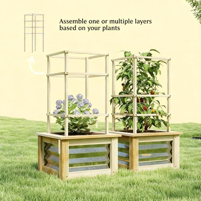 Galvanized Steel Raised Garden Bed with Wooden Trellis Elevated Planter Box with Drainage for Climbing Plants Complete Gardening Solution for Patio &amp Backyard (Natural)