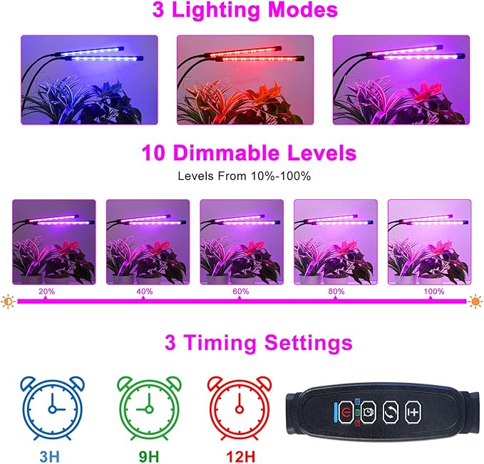 Grow Lights for Indoor Plants Full Spectrum LED Plant Lamps with Clips and 3m Cables for Seeding Growing(2 Pack)