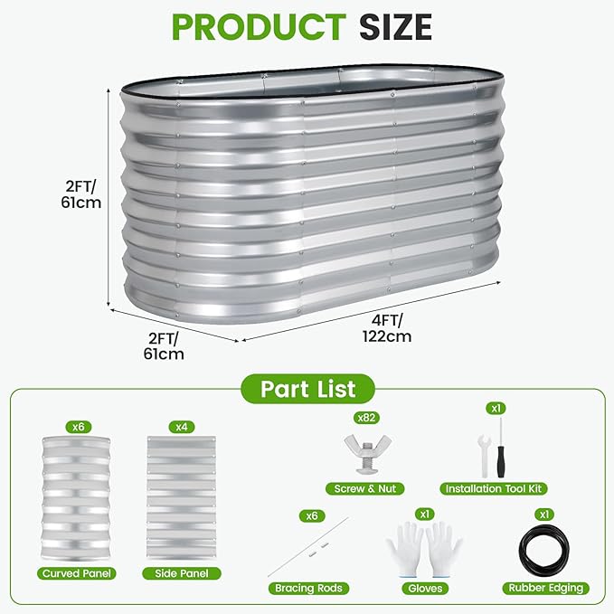 Galvanized Raised Garden Bed Outdoor 24'' Deep | Oval Metal Garden Beds with Easy Assembly &amp Planter Box for Planting Deep Root Vegetables Fruits Flowers 4x2x2ft Silver