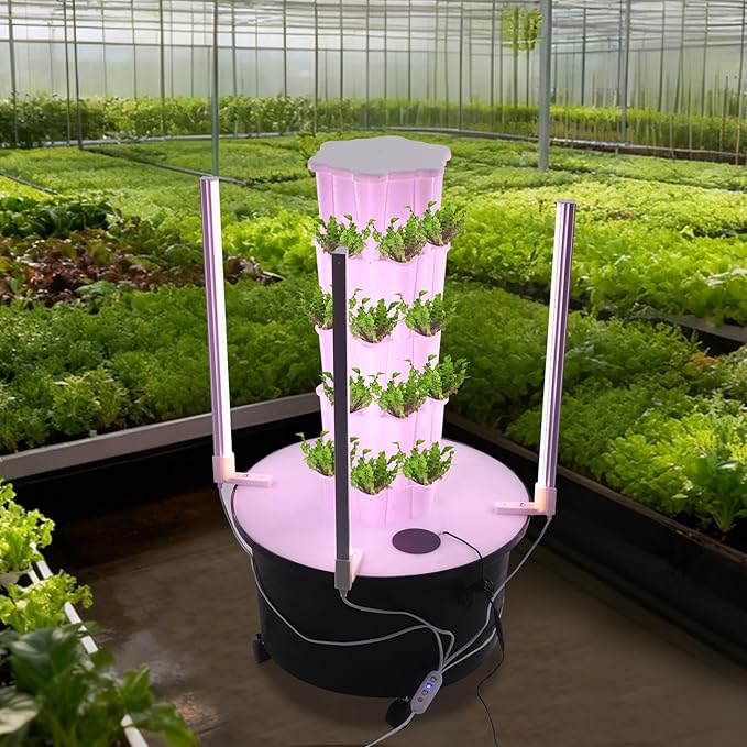 4-Tier Hydroponic Tower Garden - 24 Planting Holes Vertical Growing System with LED Grow Lights 10.5Gal Water Tank - Indoor Outdoor Herb Vegetable Planter with Lockable Wheels for Home Kitchen Garden