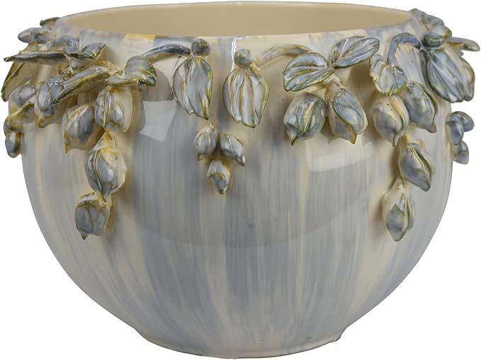 Decorative Bowl Planter White Ceramic with Floral Rim 12 Inch