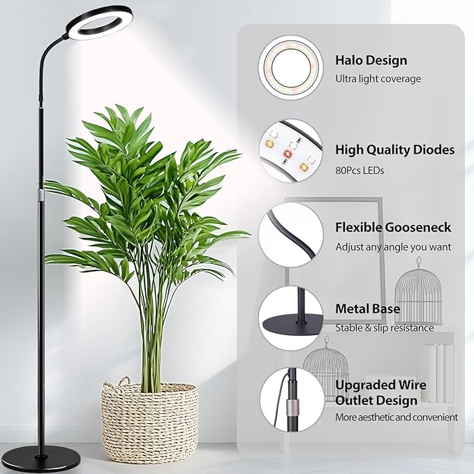 Floor Grow Lights for Indoor Plants Full Spectrum Plant Light with 68 Stand for Growing Large Tall Plants Black Halo Grow Lamp with 3/9/12H Timer 10 Light Modes 5 Dimming