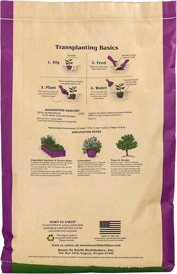 Down To Earth All Natural Fertilizers Organic Feather Meal - Slow Release Nitrogen Plant Food for Green Growth 12-0-0 20 lb