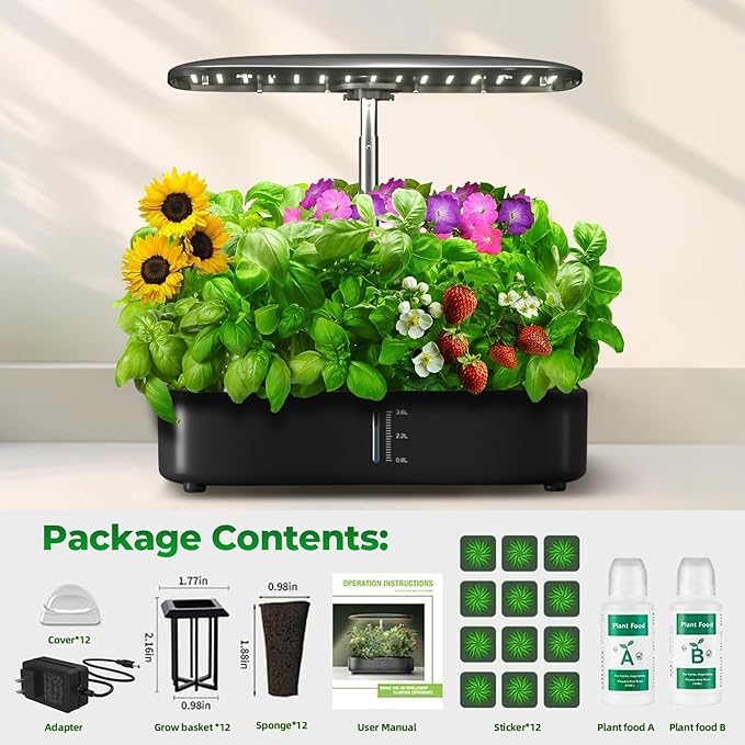 Hydroponic Growing System with Touchscreen LCD Display 12-Section Indoor Herb Gardening Kit with Full Spectrum Plant Grow Lights Flexible Timer Pump and Adjustable Shade (Black)