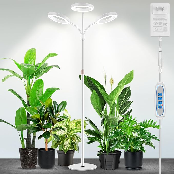 Garpsen Floor Plant Light Full Spectrum 252 LEDs Grow Light for Indoor Plants with Base 3 Color Modes &amp 5 Dimmable Timer 6/12/16H Grow Lamp with 67''Height Adjustable 3-Head-White
