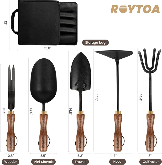 Garden Tool Set 5PCS Gardening Tools Stainless Steel Heavy Duty Hand Cultivator Hoes Shovel Trowel and Weeder with Ergonomic Walnut Handle Gardening Gifts for Women