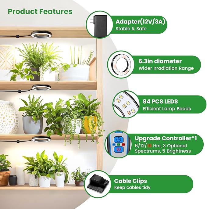 Wiaxulay 6.3” Ceiling Plant Grow Light 252 LED Full Spectrum Halo Grow Lights for Indoor Plants 12V/3A Under Cabinet Grow Lamp with 6/12/16 Hrs 3 Lighting Mode 5 Dimmable Levels Tri Head