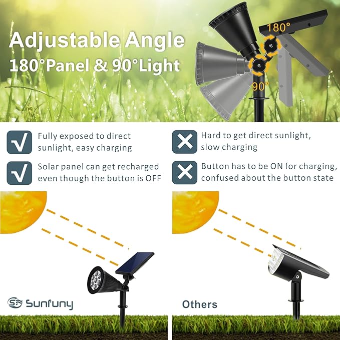 Solar Landscape Spotlights Outdoor Bright 7-LED Solar Lights Dusk-to-Dawn Waterproof Solar Powered Flag Pole Lights Adjustable 2-in-1 Outdoor Wall Light for Tree House Yard Garden (Yellow+White)