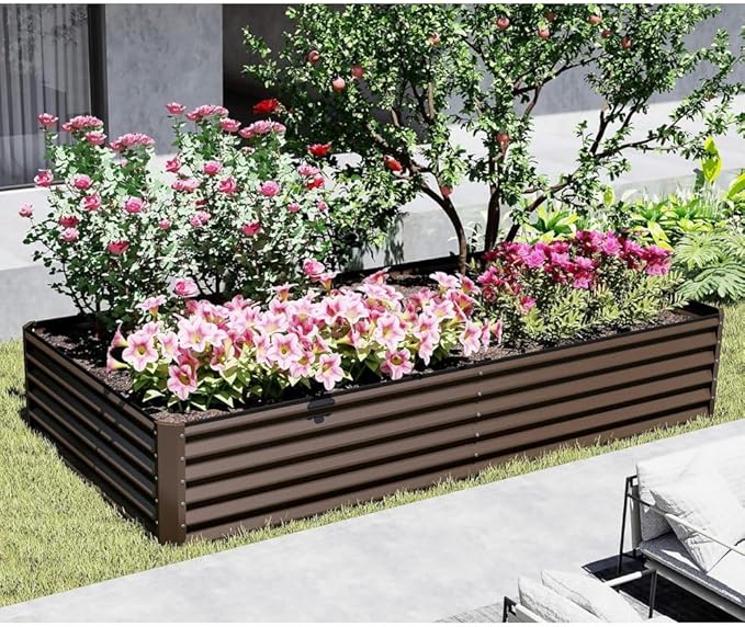 Heavy-Duty Galvanized Steel Raised Garden Bed for Outdoor Vegetable Fruit and Flower Planting – Rust-Resistant Metal Planter Box (Brown - 6x3x1.5 ft)