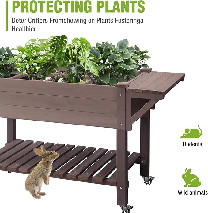 GUTINNEENRaised Garden Bed with 8-Zone Planting Grid - Wooden Elevated Planter Box Locking Wheels &amp Side Workbench for Outdoor Plants Herbs and Flowers