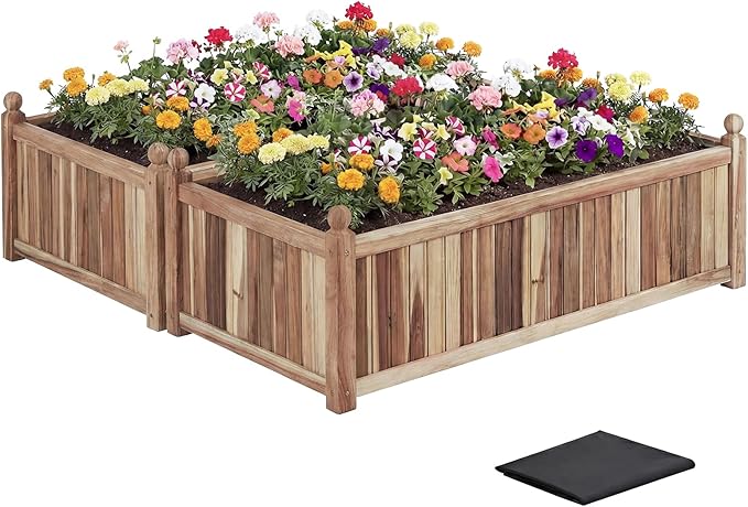 Giantex Acacia Wood Raised Garden Beds Set of 2 44x23x16 Rectangular Planter Box w/Black Liner for Vegetable Flower Herb Fruit Easy Assembly Outdoor Planting Bed for Backyard Garden Lawn