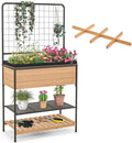 Giantex Raised Garden Bed with Trellis Elevated Wood Metal Planter Box with 2-Tier Storage Shelves Grid Divider Drain Hole &amp Black Liner Freestanding Garden Planter for Herb Vegetable Fruit Fl