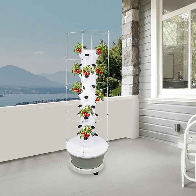 Hydroponic Growing Tower with Climbing Trellis 30L Water Tank &amp Automatic Timer Indoor Outdoor Vertical Garden System for Vegetables Herbs Strawberries (Light Green - 36 Holes)