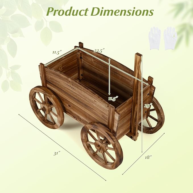 HAPPYGRILL Wood Wagon Wheelbarrow Planter Outdoor Rolling Garden Planter Cart with 4 Wheels Drainage Hole &amp Adjustable Handle Decorative Wagon Flower Pot Stand for Home Backyard Patio(1)