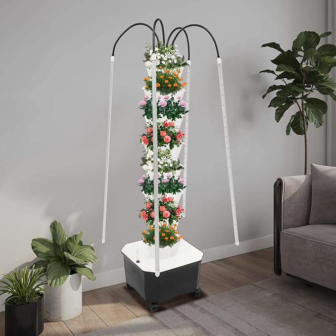 Hydroponics Growing Tower 40-Plant Hydroponic Outdoor Indoor Vertical Garden Kit with Grow Lights Water Pump Water Level Gauge Wheels Herb Garden Growing Tower (White-B 40-Hole)