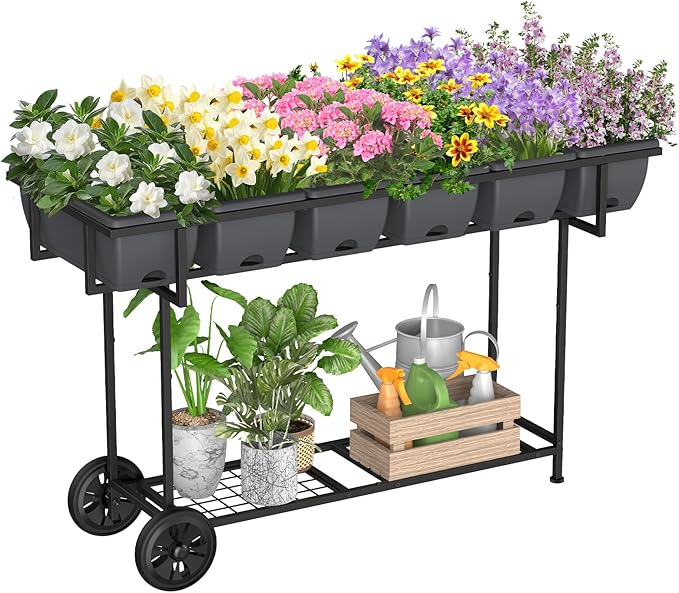 YBING Raised Garden Bed with Wheels Outdoor Elevated Planter Box Stand 6 Pocket Raised Flower Bed with Legs and Storage Shelf Herb Garden Planter for Patio 30 Tall Dark Grey