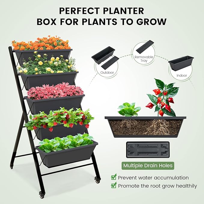 Giantex Set of 2 Vertical Raised Garden Bed on Wheels Elevated Planter Raised Beds with Water Drainage Freestanding 5 Container Boxes for Vegetables and Flowers Growing Outdoor Indoor Patio Balcony