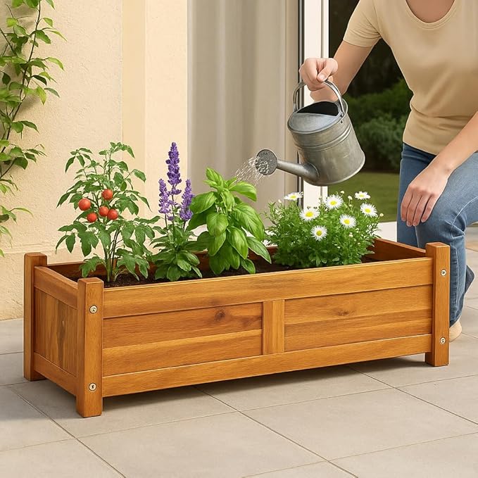 Garden Raised Bed Acacia Wood 39.4x11.8x9.8-Durable and Stylish Planter for Plants Vegetables Herbs and Flowers-Easy Assembly-Rustic Brown Finish
