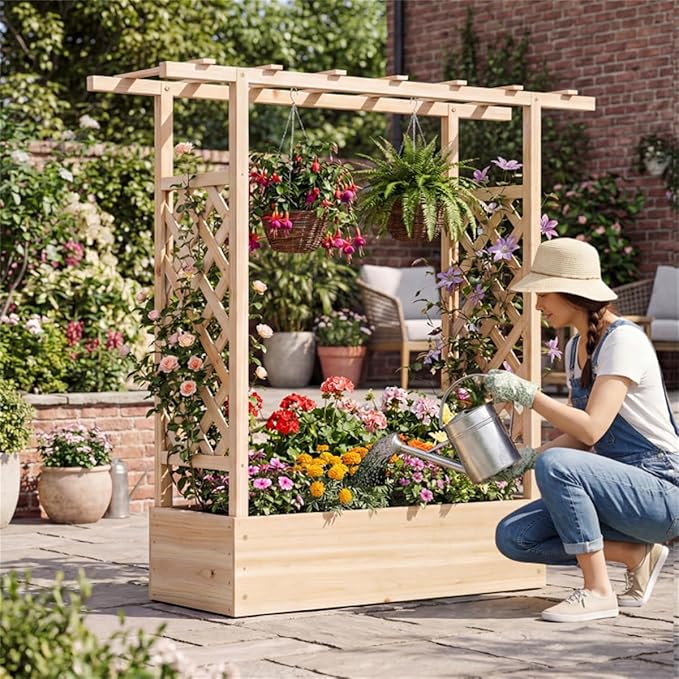 Fir Wooden Raised Garden Bed with Trellis &amp Flat Roof Planter Box for Climbing Plants Outdoor Planting Stand Roof Climbing Plant Support Raised Beds Backyard Planter Wooden Garden Planter - Nat