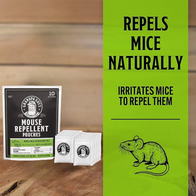 Grandpa Gus’s Extra-Strength Mouse Repellent Pouches Peppermint &amp Cinnamon Oil Natural Rodent Deterrent Control for Garage RV Car Basement Attic Storage 1.75 Oz (Pack of 10)