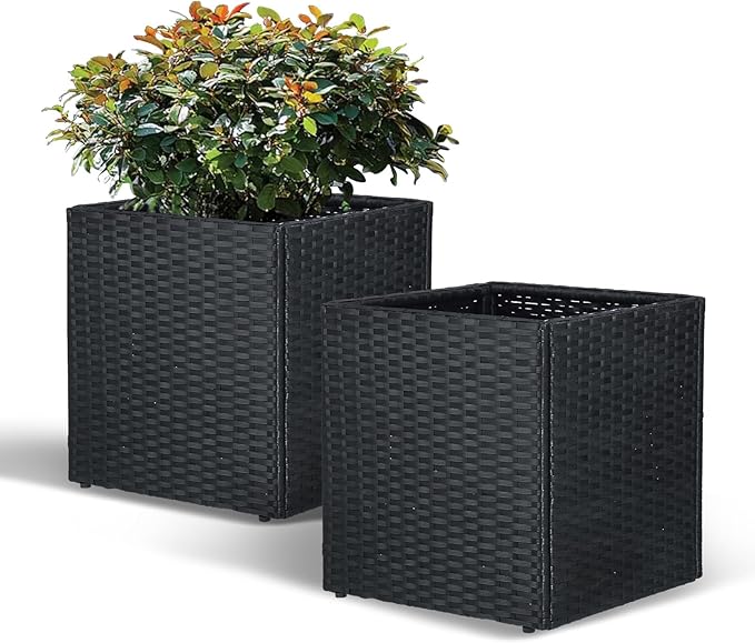 SUNNYPARK Set of 2 Large Square Planter with Removable Liner All-Weather PE Rattan Modern Planters Indoor Outdoor Flower Plant Pots Garden Box Patio Yard Front Porch Deck