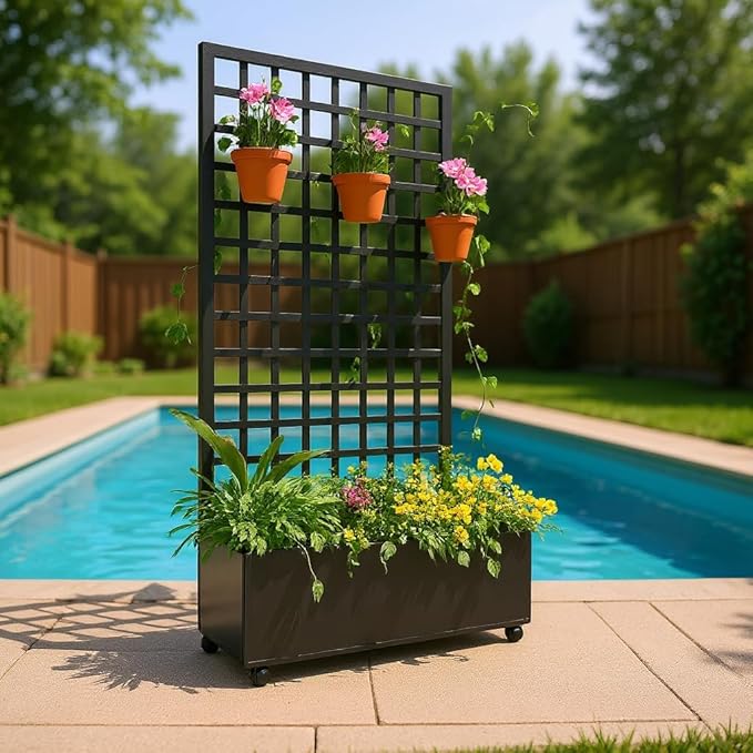 Metal Planter Box with Diamond Trellis 72X47 Galvanized Raised Garden Bed on Locking Wheels Deep Planter with Drainage for Climbing Plants Flowers Patio &amp Balcony Black