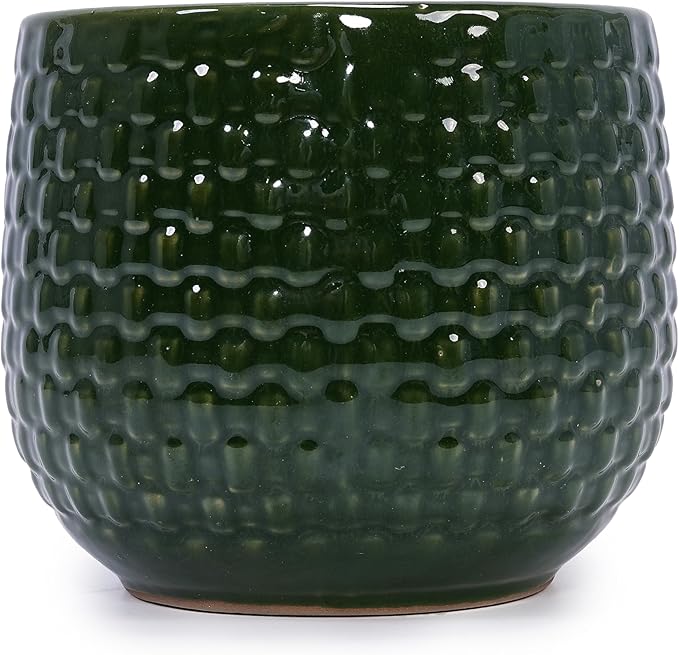 Handmade Glazed Ceramic Planter Set of 3 975 Inch Diameter Dark Green Solid Glossy for Succulents Herbs Outdoor Patio Indoor Staircase Use Breathable Clay with Drainage Holes
