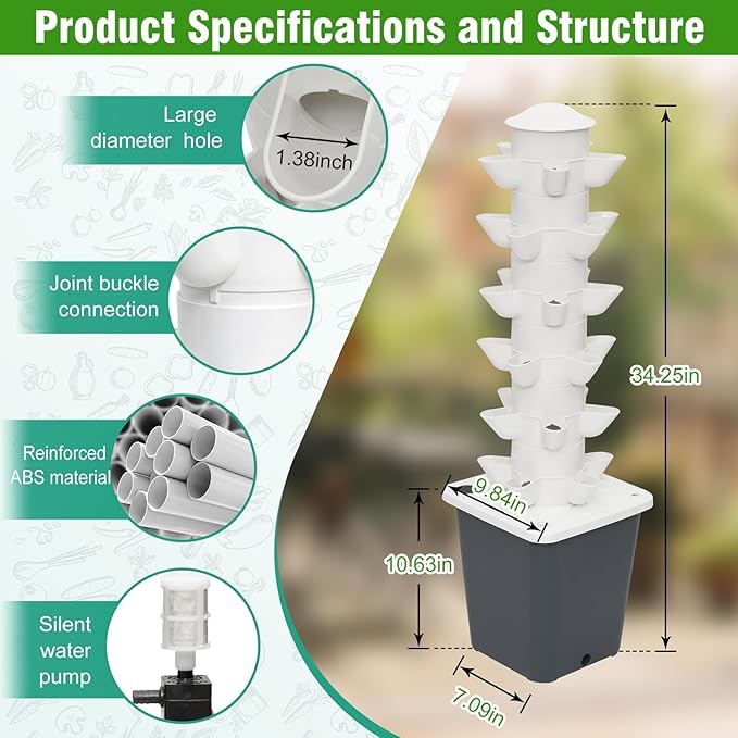Garden Hydroponic Growing Tower 30 Pods Hydroponics Tower Aeroponics Grow Kit Aquaponics Planting with Hydrating Pump Adapter Net Pots Timer for H