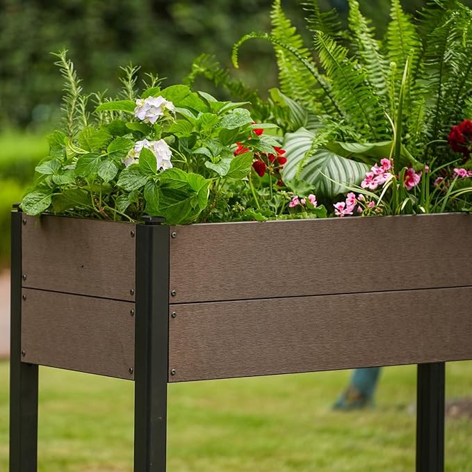 IDEALHOUSE All-Weather Elevated Garden Bed with Storage Shelf HDPE Wood Grain Planter Box Black Aluminum Frame Chemical-Free for Organic Veggies Herbs 42 L X33 H