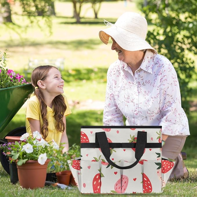 Strawberries Gardening Tool BagHeavy Duty Garden Tote BagPortable Oxford Gardening Storage Basket Organizer Handbag with Pockets HandleHand Tools Gifts for Outdoor Garden Lawn Yard