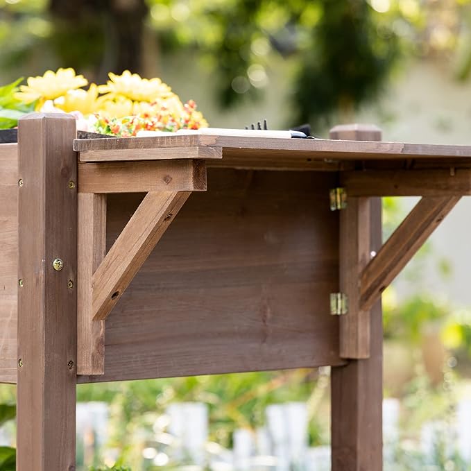 Raised Garden Bed with 8 Grow Grids Wooden Outdoor Planter Box with Wheels &amp Folding Side Table Self-Draining Elevated Plant Box for Vegetables Flowers Herbs 49 x 21 x 34 Brown