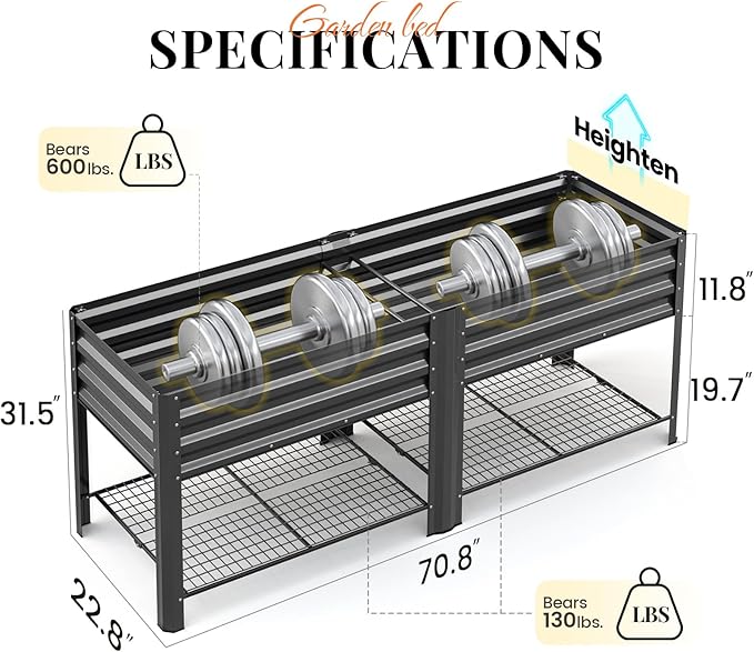 KING BIRD Large Raised Garden Bed with Legs &amp Storage Shelf Galvanized Elevated Planter Box for Backyard Patio Balcony 600lb Capacity Dark Grey 70.9x22.8x31.5 in