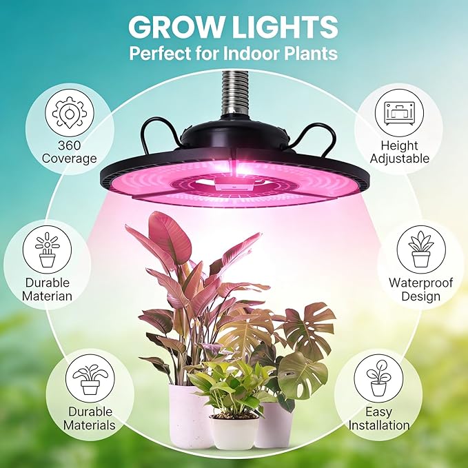 Grow Lights for Indoor Plants 360 LEDs Full Red Blue Light 90° Collapsible Adjustable Height with E27 Base - Full Coverage Durable Heat Dissipation Ideal for Indoor