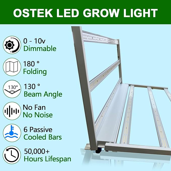 OSTEK 660W LED Grow Light for Indoor Plants Full Spectrum 3.0μmol/J Foldable Grow Light Coverage 6×6ft Dimmable 6 LED Bar Plant Growing Lamp with SS &amp OS Diodes 120-277V IP65 Waterproof